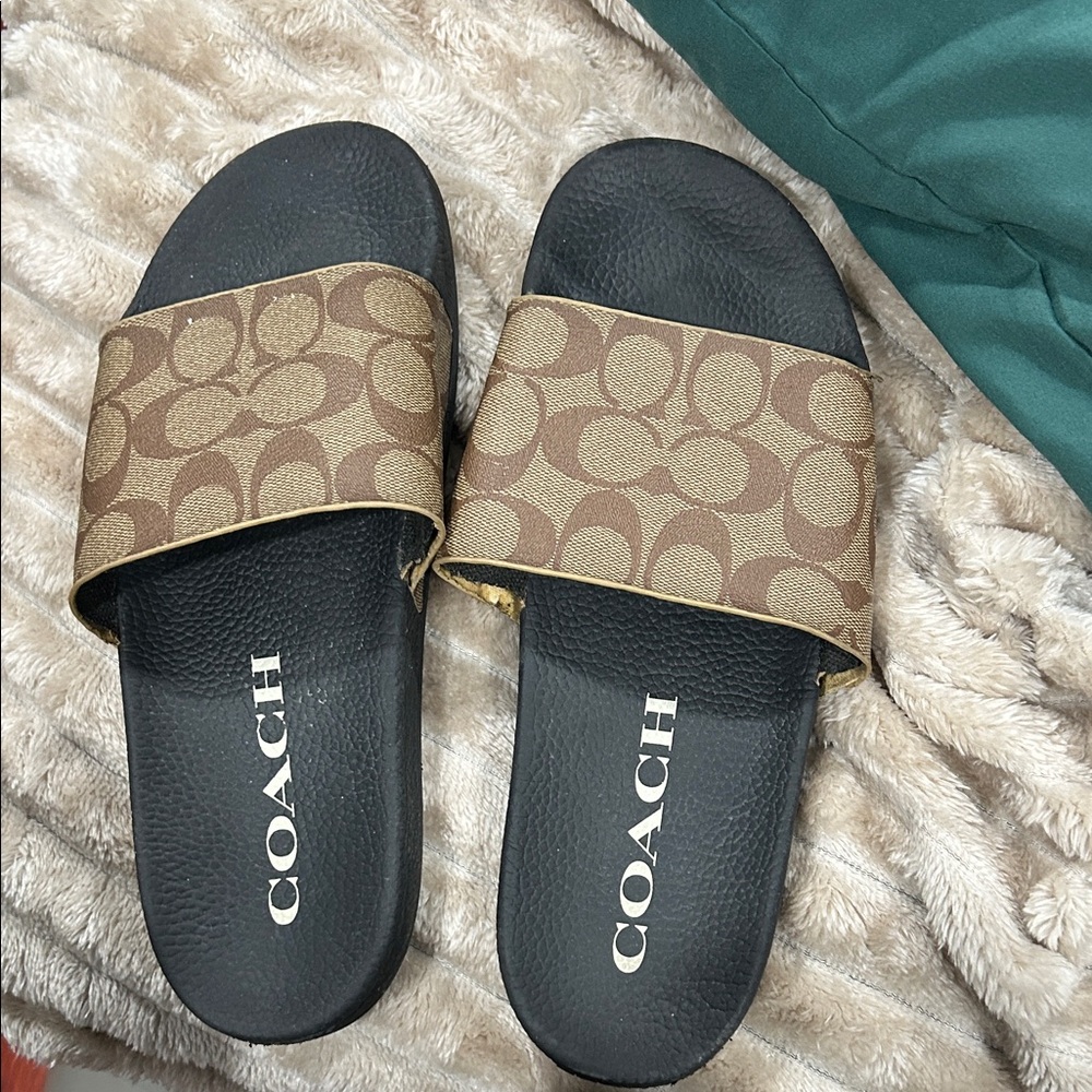 Coach Women's Sandals with Black Sole and Brown Patterned Strap